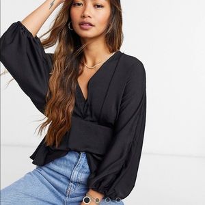 ASOS DESIGN Long Sleeve V-Neck Satin Batwing Top - Black - US 12 - $45